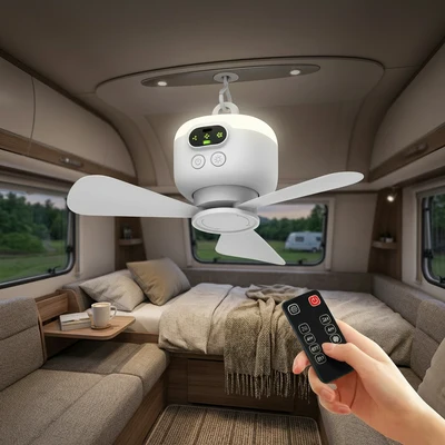 Battery Operated Fan with Light Portable Camping Hanging Fan - Image 1